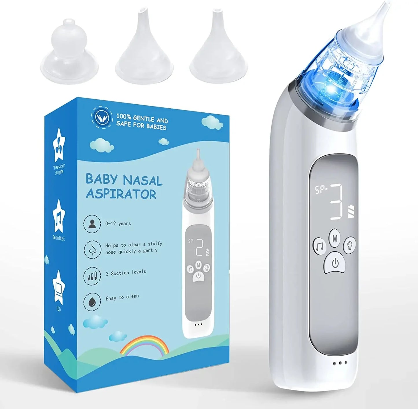 Baby Electric Nasal Aspirator Nose Suction Device with Food Grade Silicone Mouthpiece 3 Suction Modes and Soothing Music