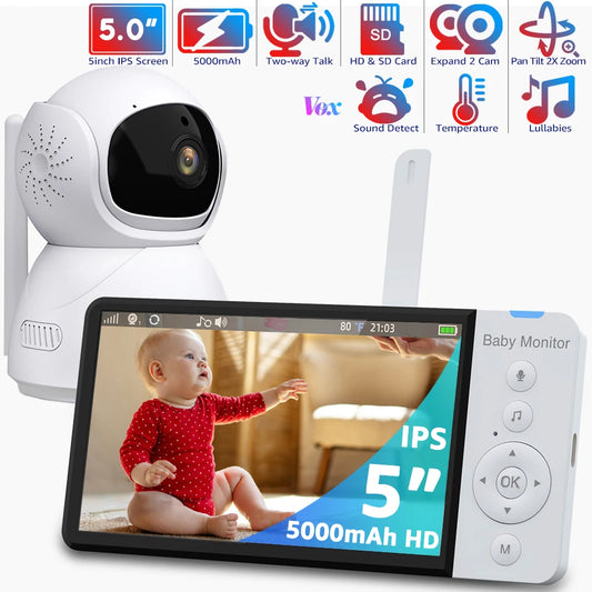 5 Inch Electronic Baby Monitor with Camera and Audio 5000mAh Battery IPS Screen Wireless Video Babyphone with Baby Camera Nanny