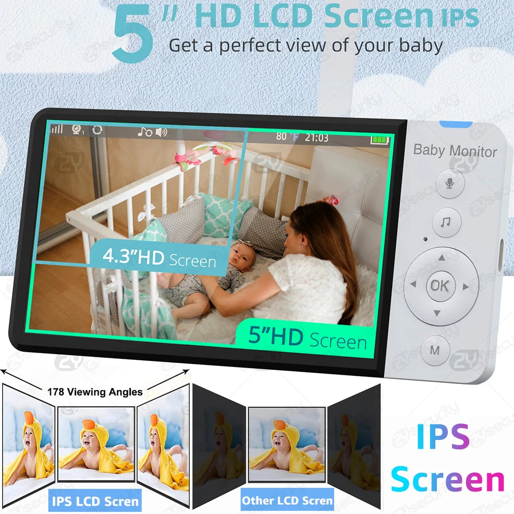 5 Inch Electronic Baby Monitor with Camera and Audio 5000mAh Battery IPS Screen Wireless Video Babyphone with Baby Camera Nanny