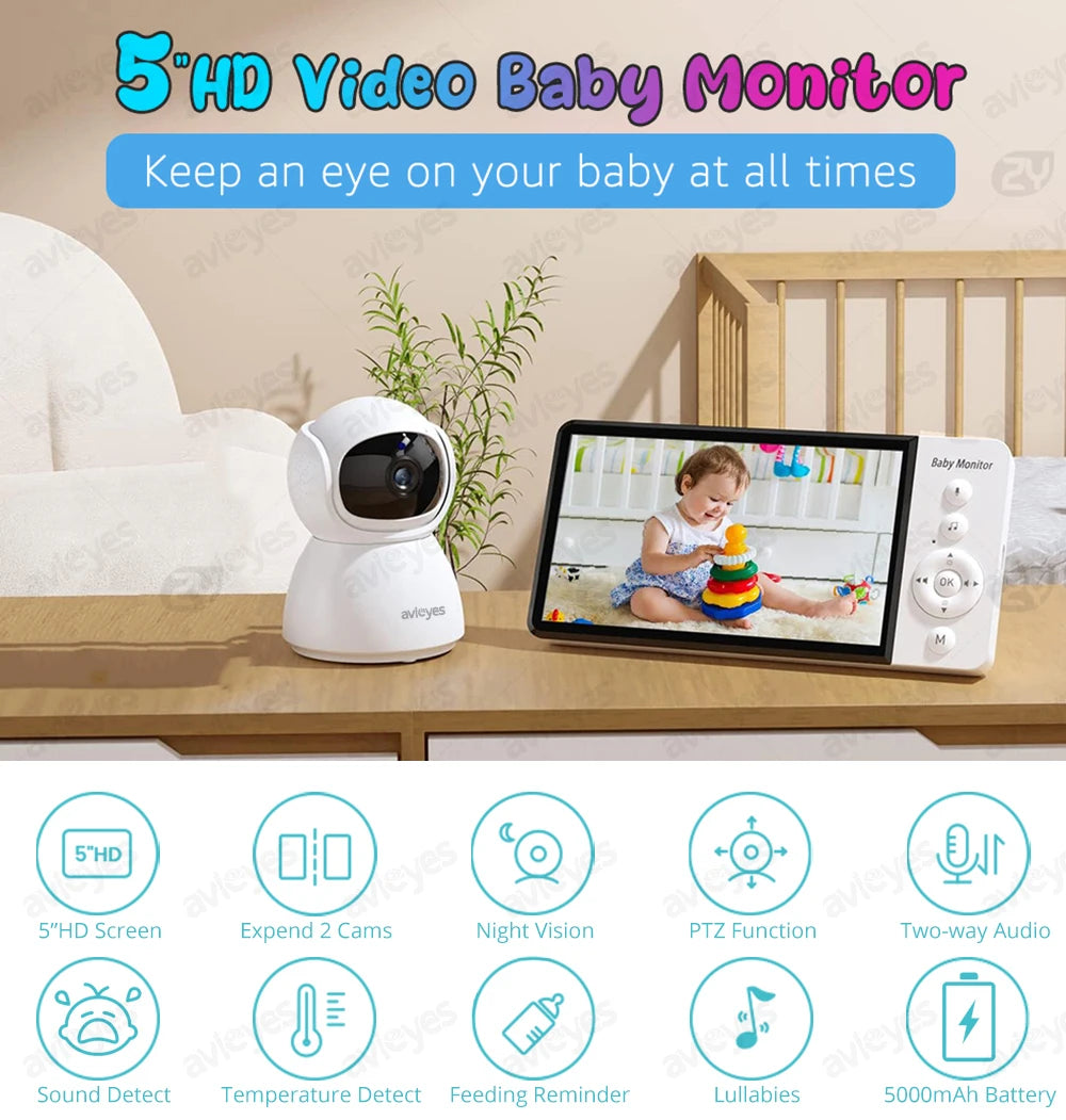 5 Inch Electronic Baby Monitor with Camera and Audio 5000mAh Battery IPS Screen Wireless Video Babyphone with Baby Camera Nanny