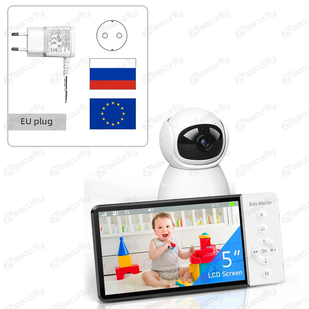 5 Inch Electronic Baby Monitor with Camera and Audio 5000mAh Battery IPS Screen Wireless Video Babyphone with Baby Camera Nanny